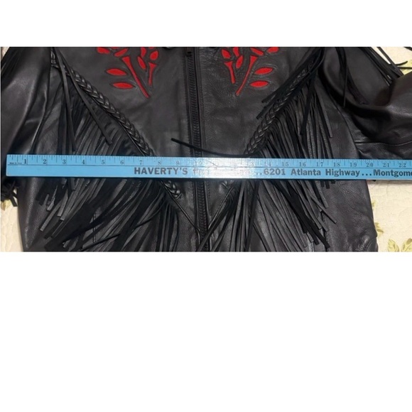 Women’s Black Fringe Leather Biker Motorcycle Jacket Rose Pattern Size Large - Picture 10 of 14